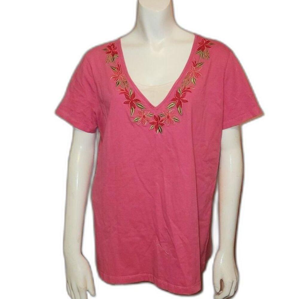 Laura Scott Pink Cotton Embroidered Floral Neckline V Neck T Shirt Size Large